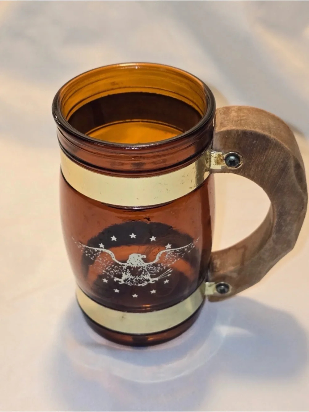 Vintage Siesta Ware Amber Glass Barrel Mug Wood Handle American Patriotic Eagle
